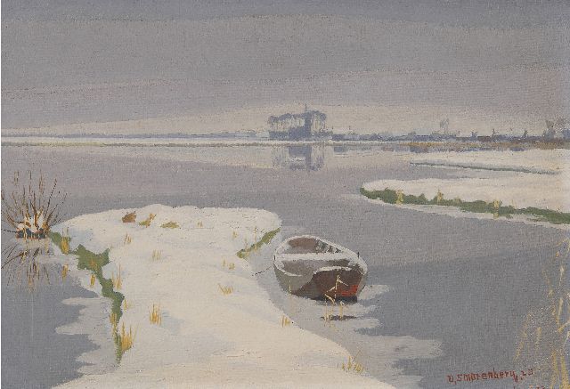 Smorenberg D.  | Winters plasgezicht, in de verte het kerkje van Oud-Loosdrecht, olieverf op doek 22,3 x 31,9 cm, gesigneerd r.o. (tweemaal) en gedateerd '23 (tweemaal)