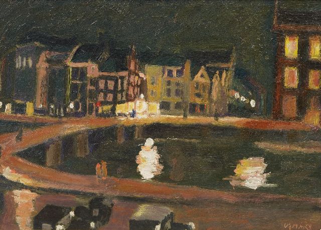 Kees Maks | Het Rokin te Amsterdam, bij avond, olieverf op board, 23,0 x 32,2 cm, gesigneerd r.o.
