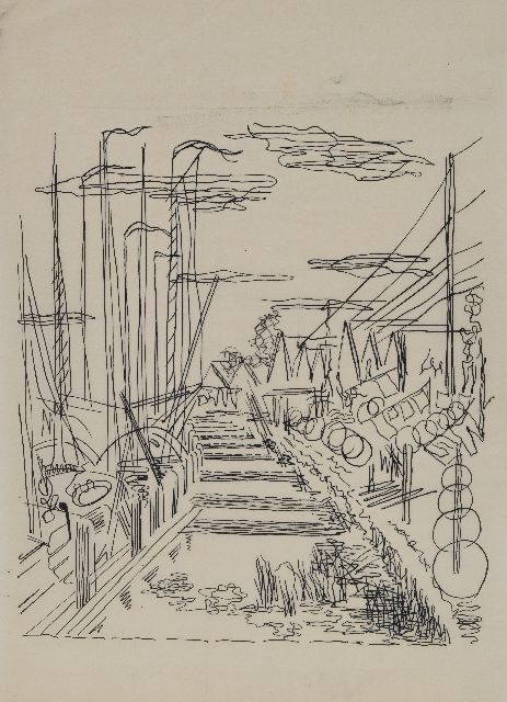 Hunziker F.  | Huizen aan het water, Durgerdam, pen op vellum 33,1 x 24,0 cm, te dateren ca. 1940-1945