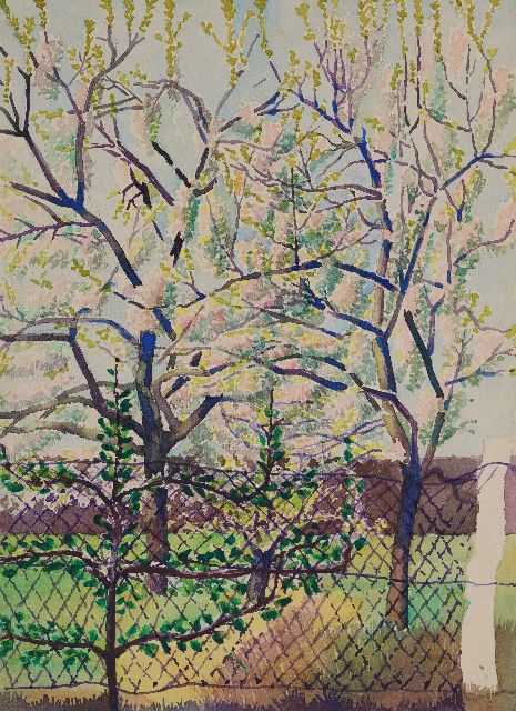 Hunziker F.  | Bloesembomen in een tuin, aquarel op papier 37,3 x 26,9 cm