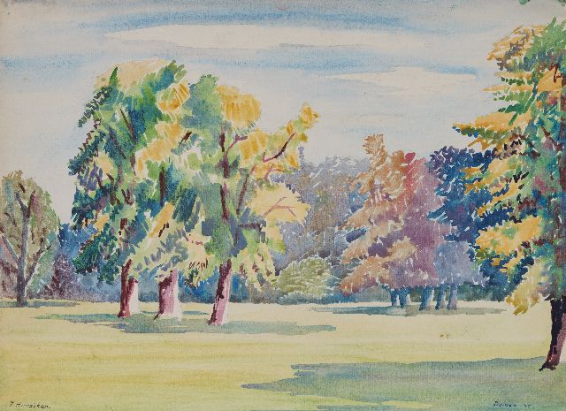 Hunziker F.  | Landschapspark, Delden, aquarel op papier 32,7 x 44,9 cm, gesigneerd l.o. en gedateerd '44