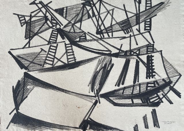 Hunziker F.  | Curaçao; verso: Compositie, potlood, inkt en zwart krijt op papier 57,5 x 79,2 cm, gesigneerd r.o. en te dateren ca. 1952