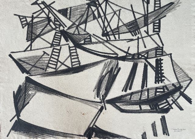 Frieda Hunziker | Curaçao; verso: Compositie, potlood, inkt en zwart krijt op papier, 57,5 x 79,2 cm, gesigneerd r.o. en te dateren ca. 1952