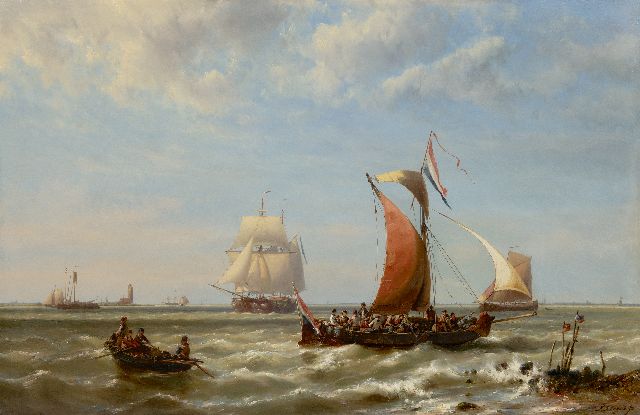 Koekkoek jr. H.  | Pleziervaart langs de kust, olieverf op paneel 78,4 x 120,3 cm, gesigneerd r.o. en gedateerd 1868