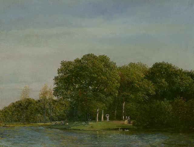 Sande Bakhuyzen J.J. van de | Parklandschap met elegant gezelschap, olieverf op papier op paneel 26,7 x 35,0 cm, gesigneerd r.o.