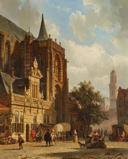 Springer C.  | De Grote Markt in Zwolle, olieverf op paneel 54,5 x 44,0 cm, gesigneerd r.o. met mon en gedateerd 1859