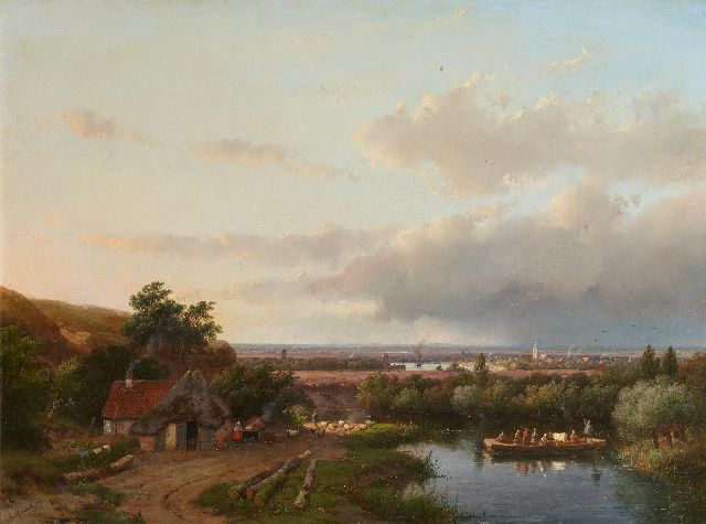 Andreas Schelfhout | Panoramisch zomerlandschap met overzetveer, olieverf op paneel, 37,3 x 50,6 cm, gesigneerd l.o. en gedateerd '57