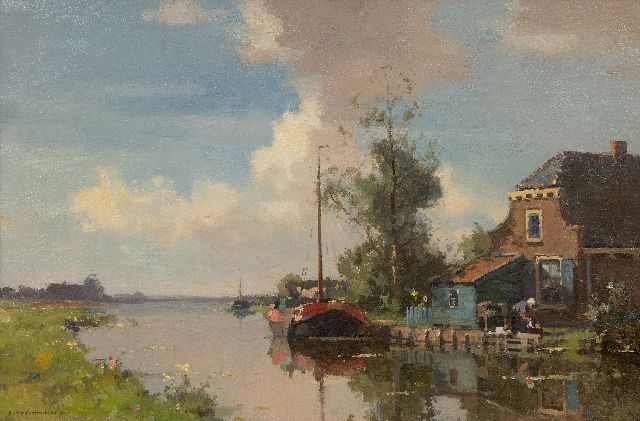 Cornelis Vreedenburgh | Boerderij aan het water met afgemeerde tjalk, olieverf op doek, 40,5 x 60,5 cm, gesigneerd l.o.