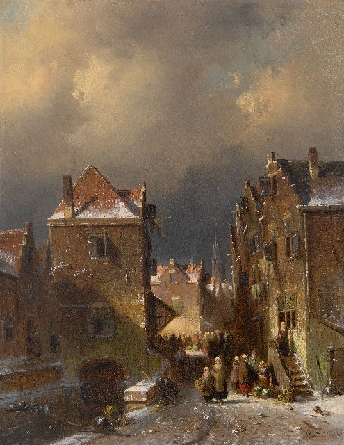 Leickert C.H.J.  | Drukbevolkt winters straatje, olieverf op paneel 37,2 x 28,7 cm, gesigneerd r.o. en te dateren ca. 1855