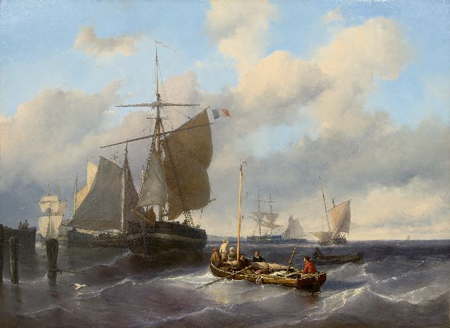 Louis Meijer | Het hijsen van de zeilen bij een havenhoofd, olieverf op paneel, 79,8 x 110,5 cm, gesigneerd l.o.