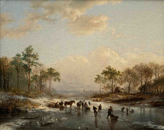 Barend Cornelis Koekkoek | IJsgezicht met schaatsers en houtsprokkelaars met een paardenslee, olieverf op doek, 29,0 x 35,7 cm, gesigneerd l.o. en gedateerd 1832