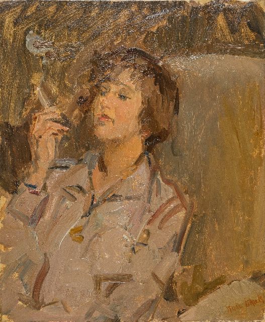 Isaac Israels | Vrouw met sigaret, olieverf op doek, 46,2 x 38,2 cm, gesigneerd r.o.