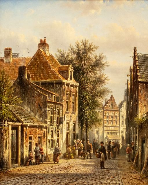 Johannes Franciscus Spohler | Drukbevolkt Hollands straatje, olieverf op paneel, 26,6 x 21,3 cm, gesigneerd r.o.