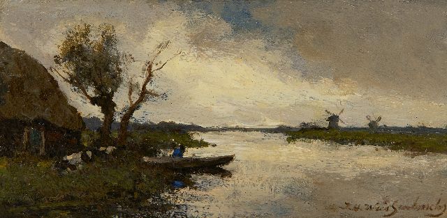 Weissenbruch H.J.  | Polderlandschap bij buiig weer, olieverf op paneel 9,9 x 20,0 cm, gesigneerd r.o.