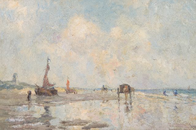 Evert Pieters | Strand bij Katwijk met bomschuiten en schelpenvissers, olieverf op doek, 85,5 x 130,2 cm, gesigneerd r.o. en gedateerd 1906