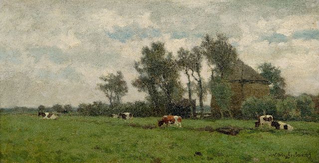 Weissenbruch H.J.  | Grazende koeien bij een hooiberg, olieverf op doek 24,8 x 45,4 cm, gesigneerd r.o.