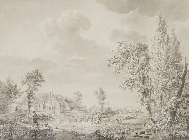 Johannes Hermanus Koekkoek | Rivierlandschap met figuren en vee bij een boerenhoeve, gewassen inkt op papier, 29,0 x 38,8 cm, gesigneerd l.o.