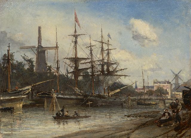 Johan Barthold Jongkind | Afgemeerde schepen in de haven van Rotterdam, olieverf op doek, 42,0 x 56,1 cm, gesigneerd r.o. en gedateerd 1857