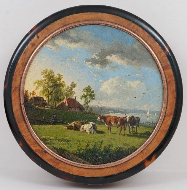 Barend Cornelis Koekkoek | Dekseldoosje beschilderd met boerenlandschap bij rivier, koper, hout, gesigneerd m.o. en gedateerd 1838