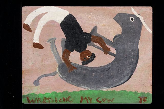 Tim Brown | Wrestling my cow, acryl op paneel, 30,4 x 40,3 cm, gesigneerd r.o. met initialen