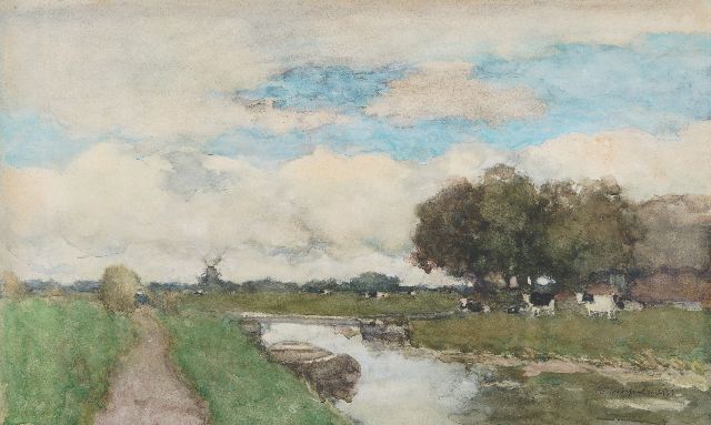 Weissenbruch H.J.  | Koeien in polderlandschap, aquarel op papier 38,0 x 61,5 cm, gesigneerd r.o.