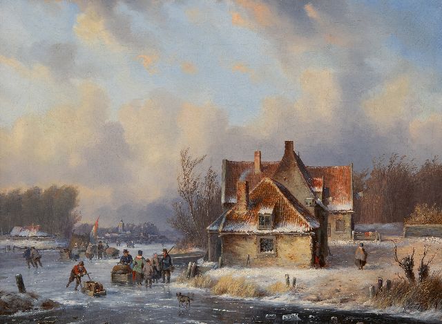 Carl Eduard Ahrendts | Wintergezicht met veel figuren op het ijs, olieverf op doek, 39,4 x 52,5 cm, gesigneerd l.o.