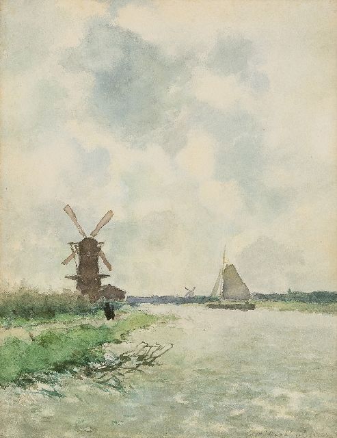 Jan Hendrik Weissenbruch | Riviergezicht met zeilschip en molens, aquarel op papier, 42,0 x 32,0 cm, gesigneerd r.o. en gereserveerd