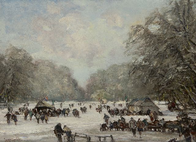 Louis Apol | Schaatsers op de Haagse Bosvijver, olieverf op doek, 55,4 x 75,5 cm, gesigneerd l.o.