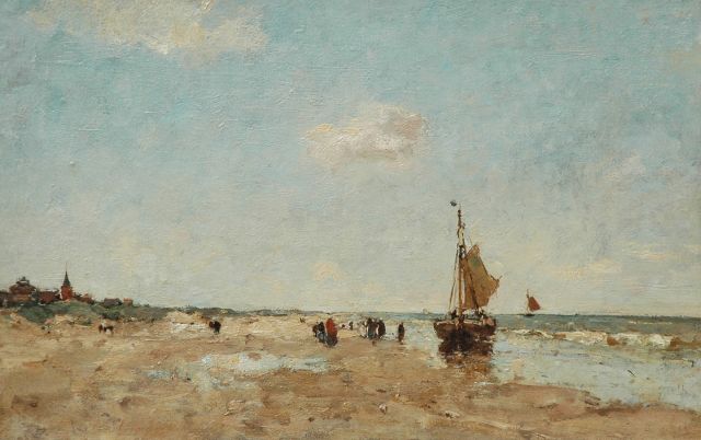 Louis Stutterheim | Een bom en vissersvrouwen op het strand van Scheveningen, olieverf op doek, 35,3 x 55,1 cm