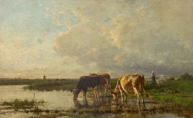 Anton Mauve | Drinkend vee bij de rivier, olieverf op doek, 84,8 x 134,8 cm, gesigneerd r.o.