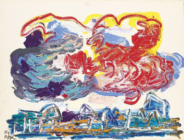 Karel Appel | Wolken boven huizen, acryl op papier, 56,5 x 76,0 cm, gesigneerd l.o. en gedateerd '84
