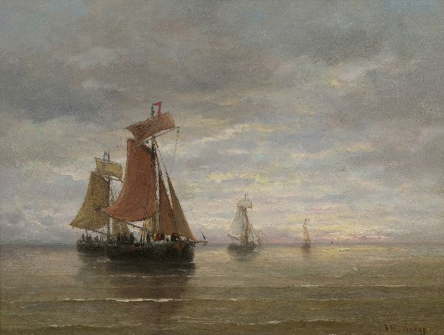 Hendrik Willem Mesdag | Bomschuiten op kalme zee, olieverf op paneel, 39,5 x 51,0 cm, gesigneerd r.o.