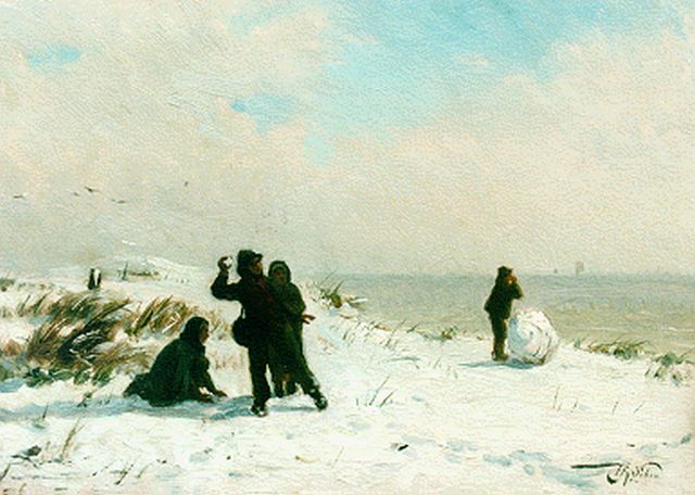 Seben H. van | Sneeuwpret in de duinen, olieverf op paneel 18,8 x 27,0 cm, gesigneerd r.o.