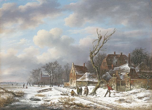 Andreas Schelfhout | Winterlandschap met houtsprokkelaars, olieverf op paneel, 53,0 x 72,6 cm, gesigneerd met resten van signatuur r.o. en te dateren ca. 1815