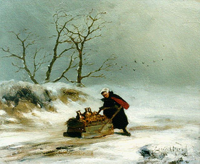 Apol L.F.H.  | Vrouw met slede in winterlandschap, olieverf op paneel 19,2 x 23,6 cm, gesigneerd r.o. en te dateren ca. 1872-1875