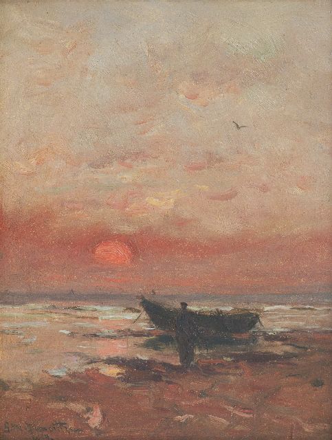 Morgenstjerne Munthe | Strandgezicht bij avondschemering, olieverf op paneel, 14,0 x 17,5 cm, gesigneerd l.o.