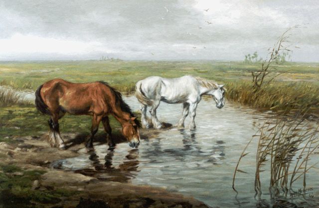 Meesters D.   | Drinkende paarden, olieverf op doek 60,0 x 90,2 cm, gesigneerd r.o. en gedateerd '44