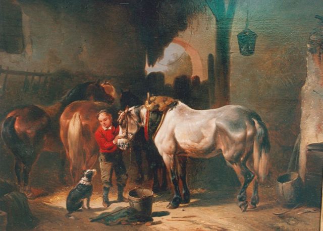 Wouterus Verschuur | Boerenpaarden met knecht en hond in de stal, olieverf op paneel, 34,5 x 47,2 cm, gesigneerd r.o.