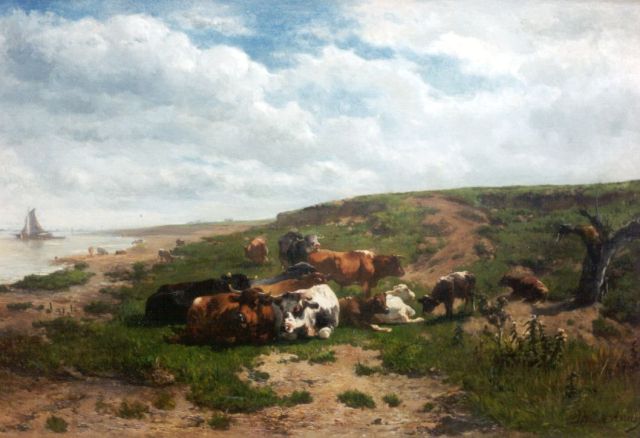 Jan de Haas | Rustend vee op een rivieroever, olieverf op doek, 48,7 x 71,0 cm, gesigneerd r.o.