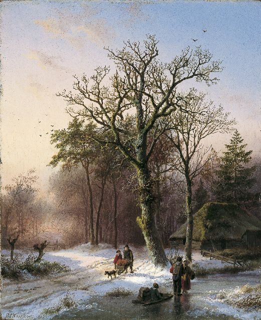 Koekkoek B.C.  | Winters bosgezicht met figuren op het ijs, olieverf op paneel 19,1 x 15,7 cm, gesigneerd l.o. en gedateerd 1842