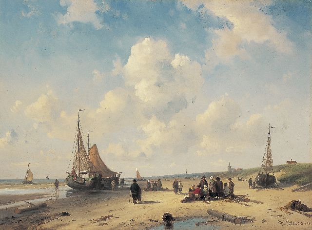 Leickert C.H.J.  | Bomschuiten en vissers bij eb op het strand van Scheveningen, olieverf op paneel 26,1 x 36,0 cm, gesigneerd r.o. en gedateerd '54