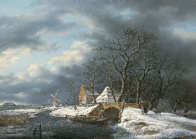 Schelfhout A.  | Winterlandschap met sprokkelaarster en boer in een punter, olieverf op paneel 51,0 x 73,0 cm, gesigneerd r.v.h.m. en te dateren ca. 1815