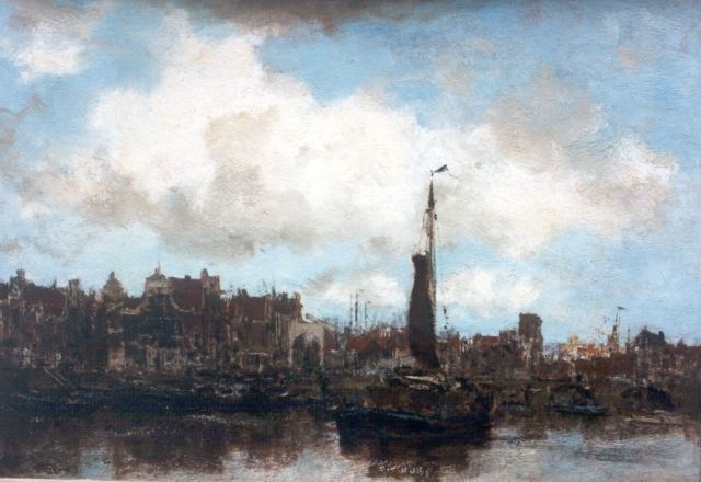 Jacob Maris | Boten in de haven van Amsterdam, olieverf op doek, 31,2 x 44,6 cm, gesigneerd r.o.