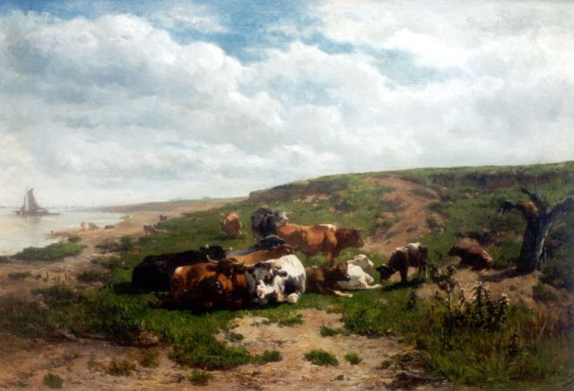 Haas J.H.L. de | Rivierlandschap met koeien, olieverf op doek 48,7 x 71,0 cm, gesigneerd r.o.