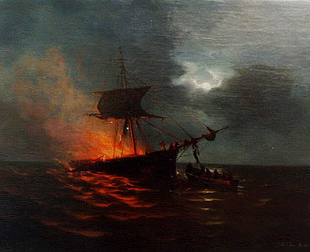 Kiers G.L.  | Brandend schip, olieverf op doek 46,7 x 57,3 cm, gesigneerd r.o. en gedateerd '68