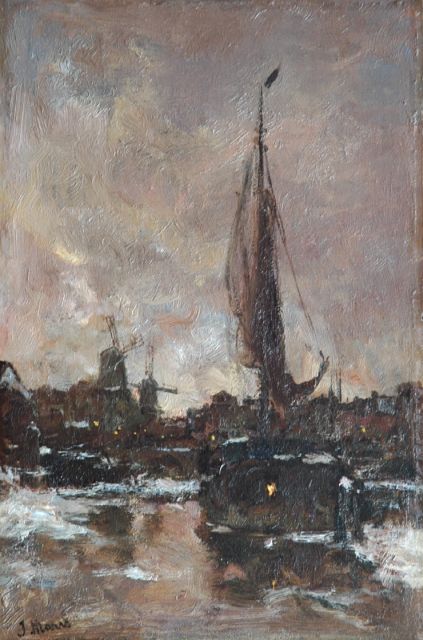 Maris J.H.  | Gezicht op Schiedam op een winterse avond, olieverf op paneel 35,9 x 23,6 cm, gesigneerd l.o.