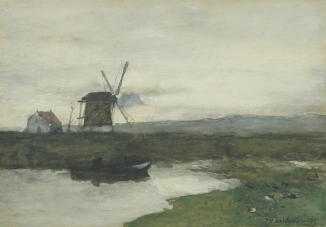 Jan Hendrik Weissenbruch | Molen in een polderlandschap, aquarel op papier, 34,5 x 49,6 cm, gesigneerd r.o.