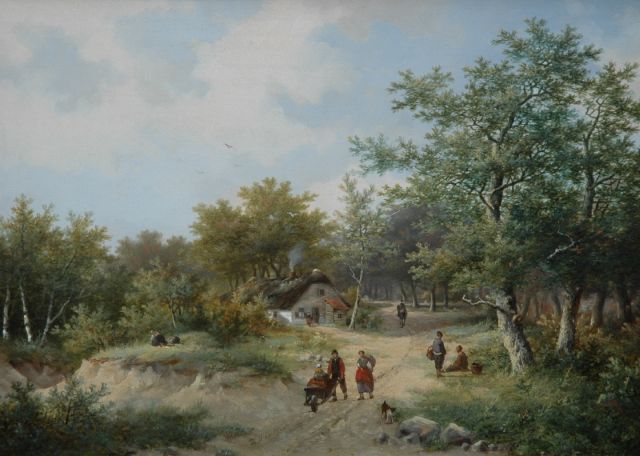Hendrik Pieter Koekkoek | Boerenvolk op een landweg, olieverf op paneel, 26,8 x 37,2 cm, gesigneerd m.o.