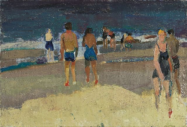 Harrie Kuijten | Aan het strand, olieverf op doek, 28,2 x 41,3 cm, gesigneerd r.o.