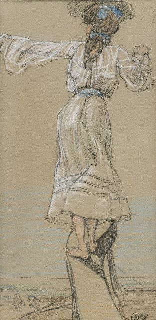 Willem Vaarzon Morel | Jong meisje op de uitkijk aan zee, pastel op papier, 31,6 x 18,2 cm, gesigneerd r.o. met monogram